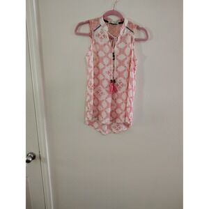 Jolt Womens XS Sleeveless Boho Tassel Tie Blouse Coral Pink Geometric Tile Print